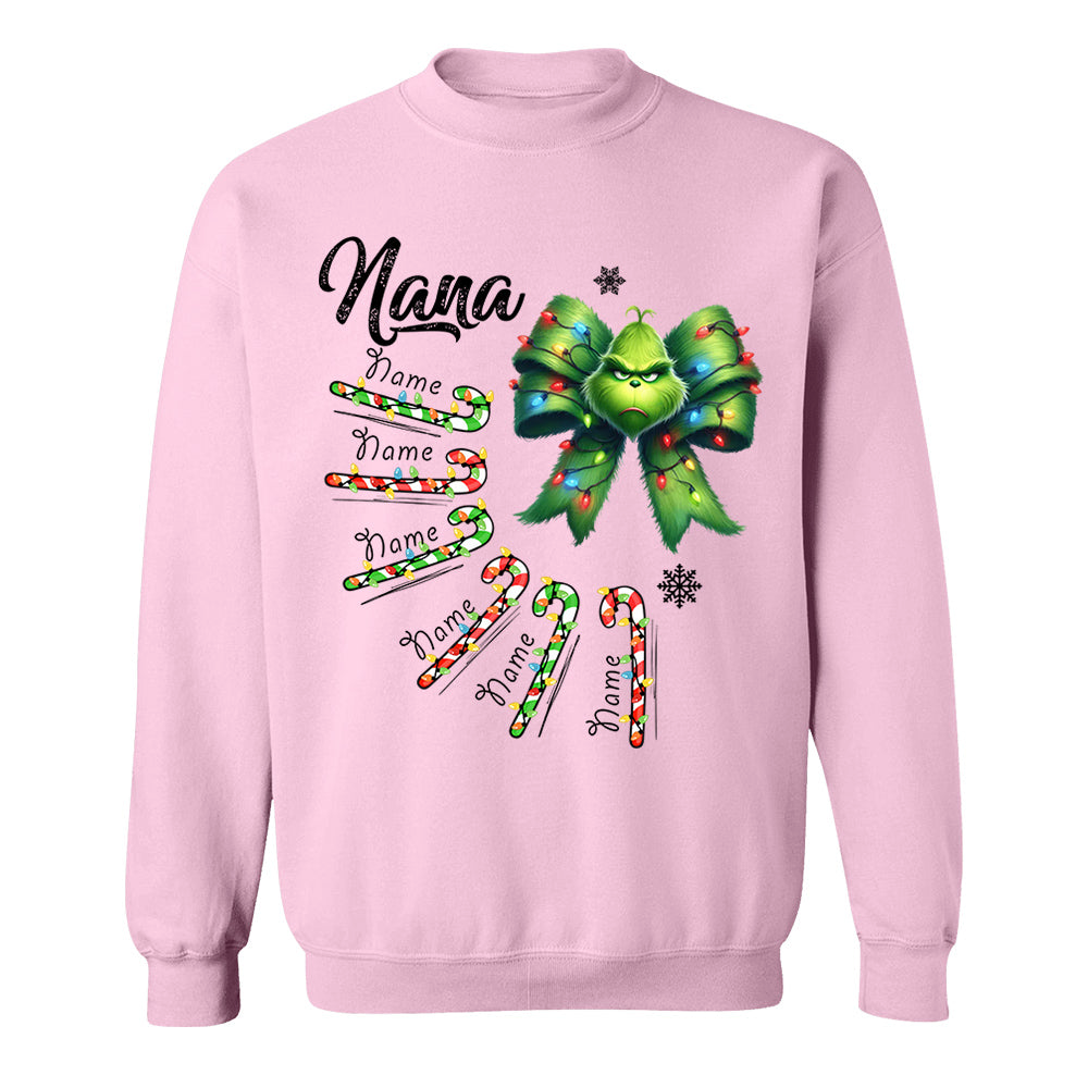 Personalized Grandma Nana Mimi Funny Christmas Candy Cane Coquette Bow Sweatshirt