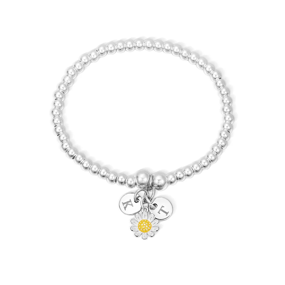 Personalized Beaded Bracelet with Daisy Charm And Engraved Initial Gift for Her Baby Shower