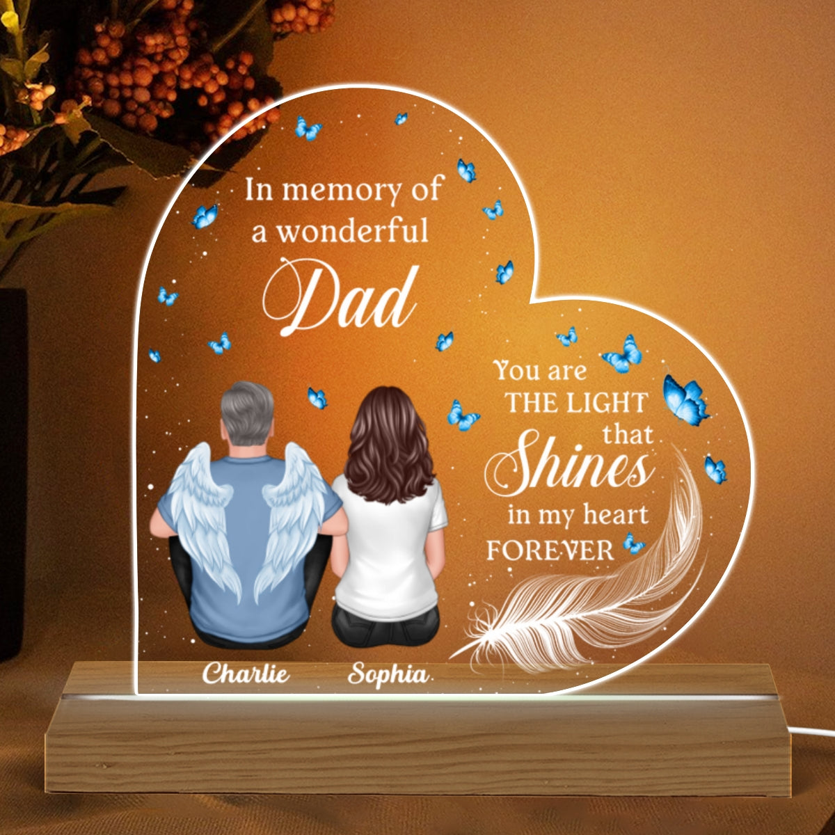 Dad In Heaven Feather Memorial Personalized Warm Acrylic Custom Shape LED Night Light