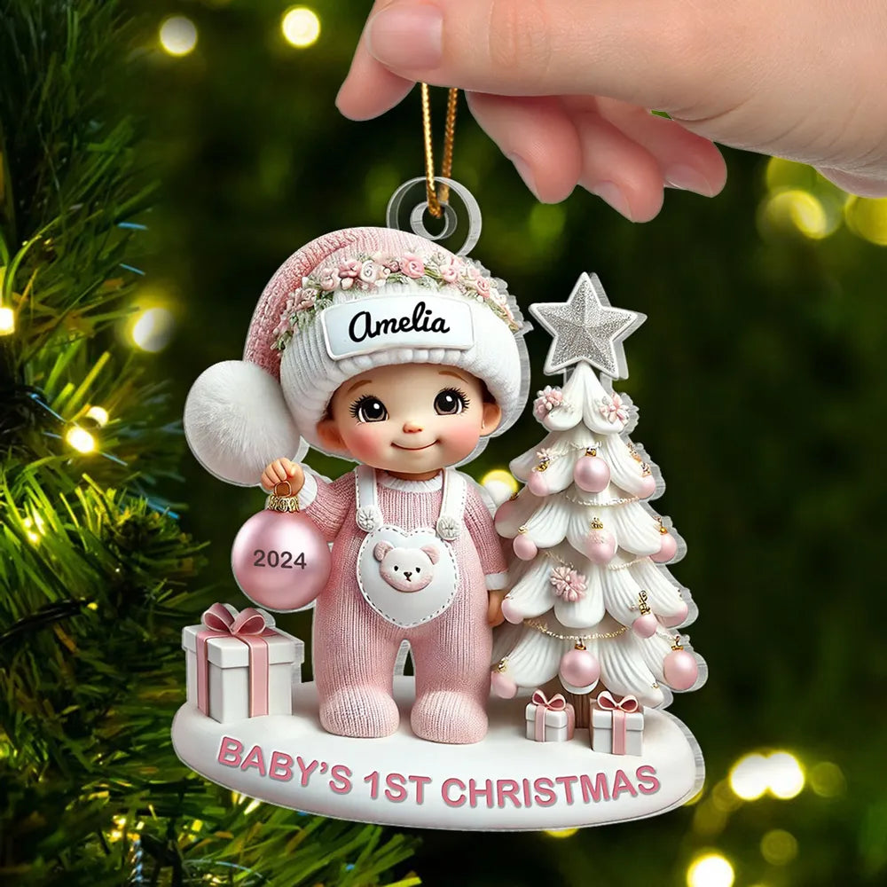 Cute Baby Standing Beside Christmas Tree 3D Effect Baby's First Christmas Personalized Acrylic Flat Ornament