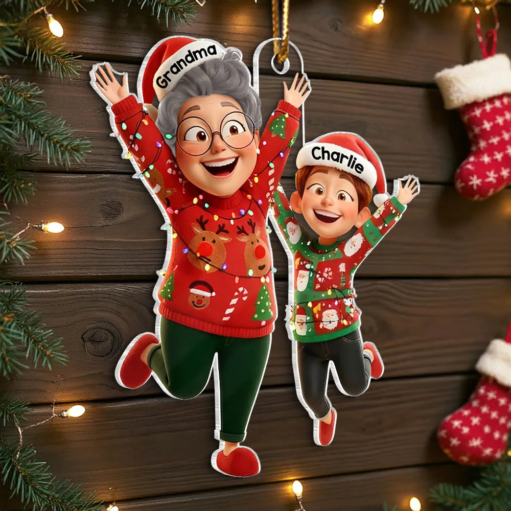 Happy Grandma Grandkid Jumping - Personalized Acrylic Ornament - Christmas Gift for Grandma, Grandkids