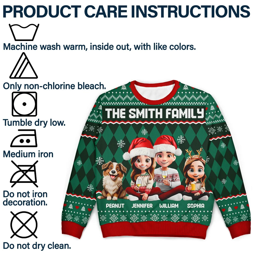 Christmas Family With Kids & Pets Argyle Pattern - Personalized Unisex Ugly Sweater