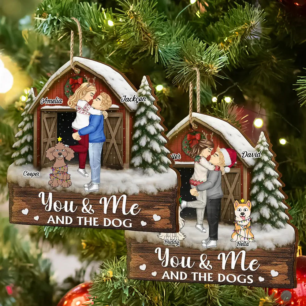 You And Me And The Dogs Pet Couple Red Barn - Personalized Custom Shaped Wooden Ornament