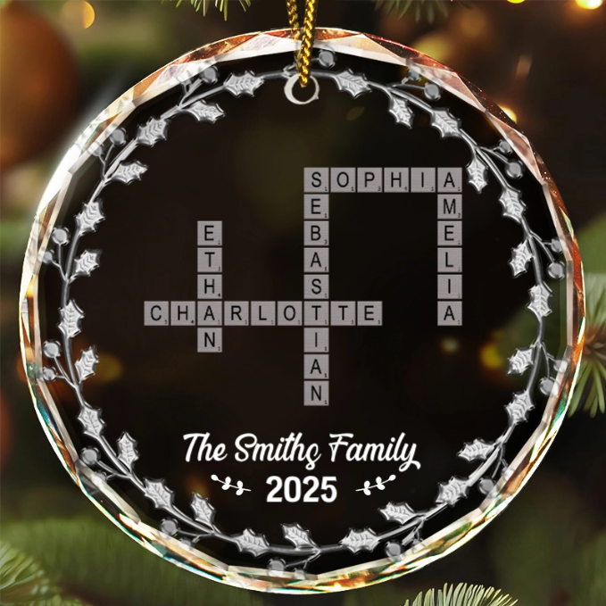 Crossword Scrabble Family Name - 3D Silver Effect Printed, Personalized Circle Acrylic Ornament