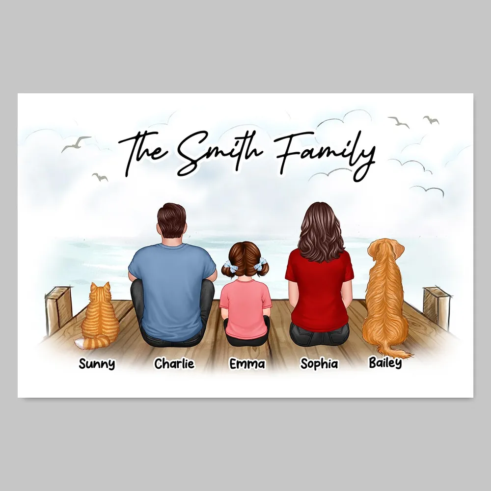 Family Dad Mom Kids Dogs Cats Sitting On The Bridge Personalized Canvas