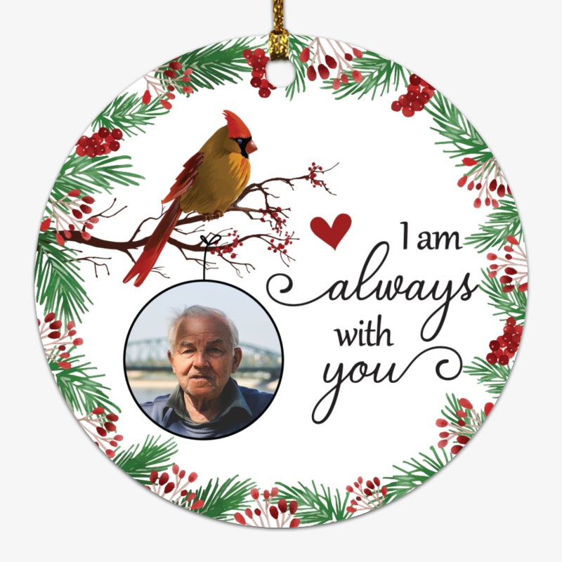 Always With You Holly Branch Cardinal Personalized Photo Circle Ornament