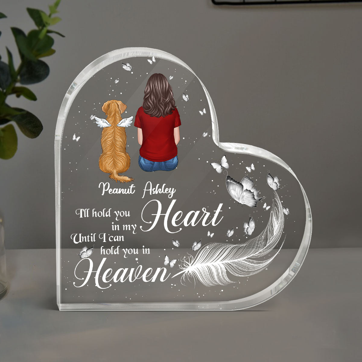 Hold You In My Heart Feather Memorial Personalized Heart Acrylic Plaque