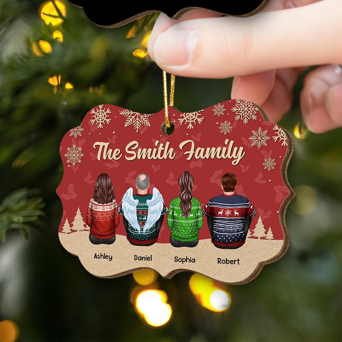 Christmas Red And Snow Family Members Grandma Grandpa Dad Mom Kids Dogs Cats Memorial Gift Personalized Wooden Ornament