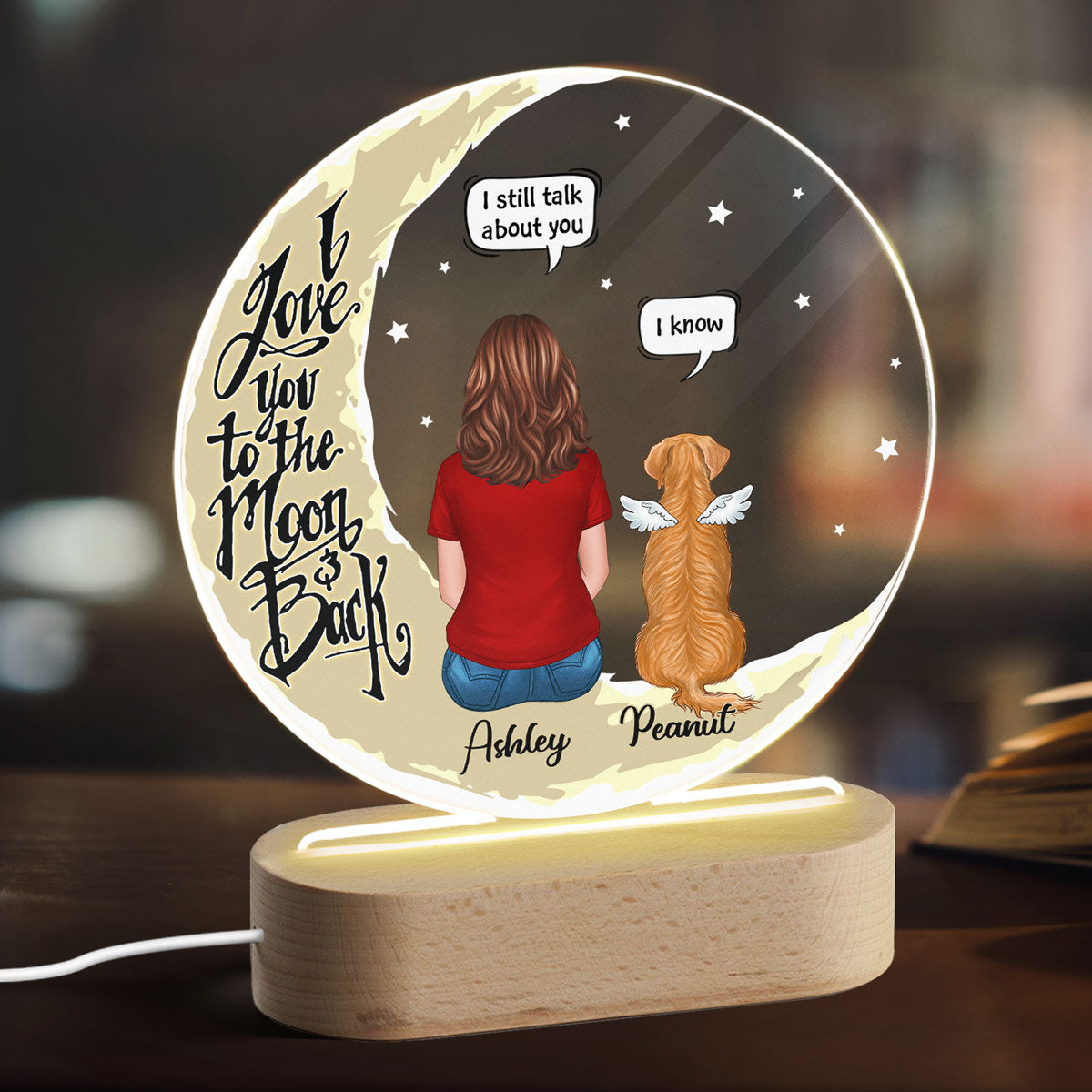 Memorial Dog On Yellow Moon Personalized Circle Acrylic LED Lamp Night Light
