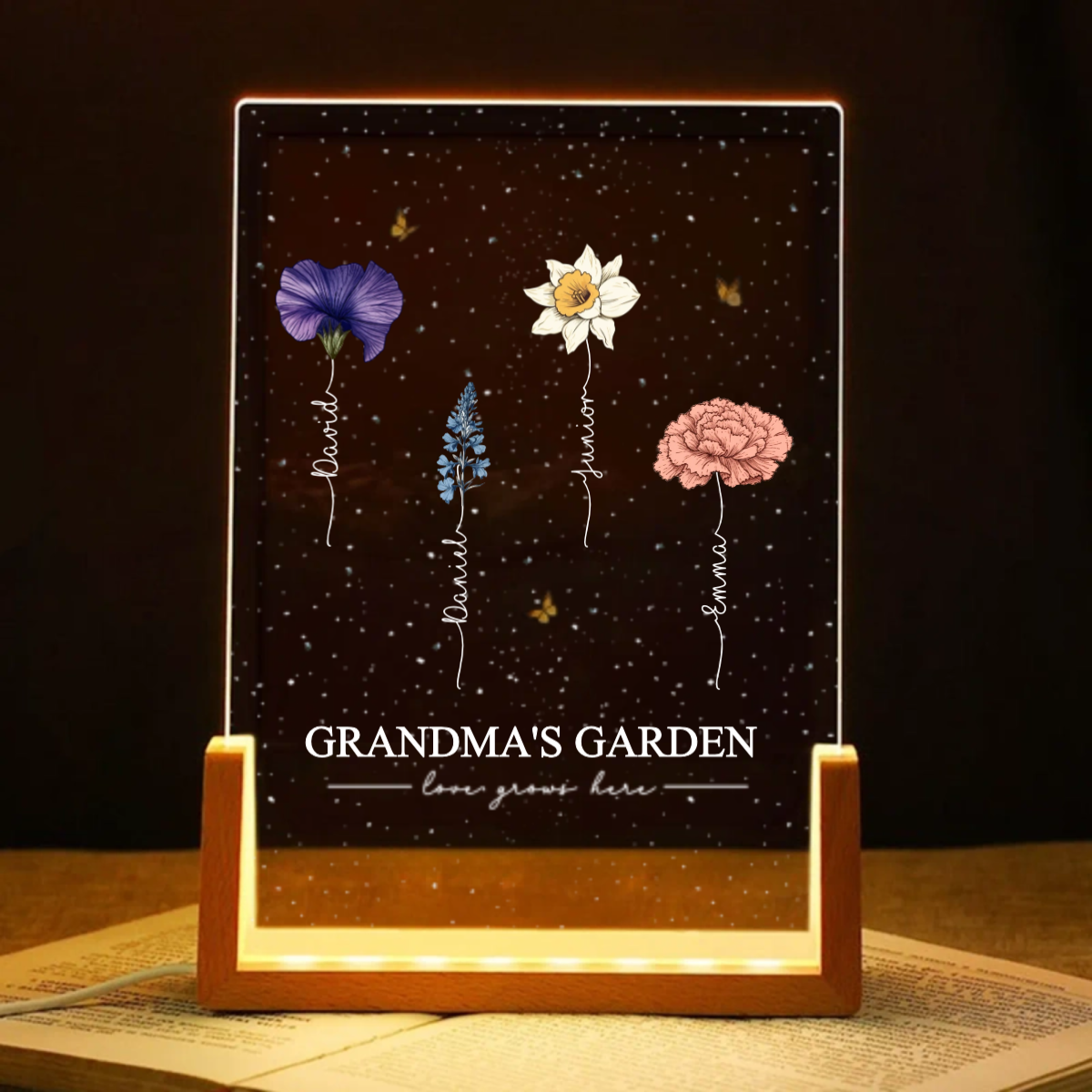 Grandma's Garden Love Grows Here Birthmonth Flowers Personalized U-Base Acrylic LED Night Light, Grandkids Names Floral Gift