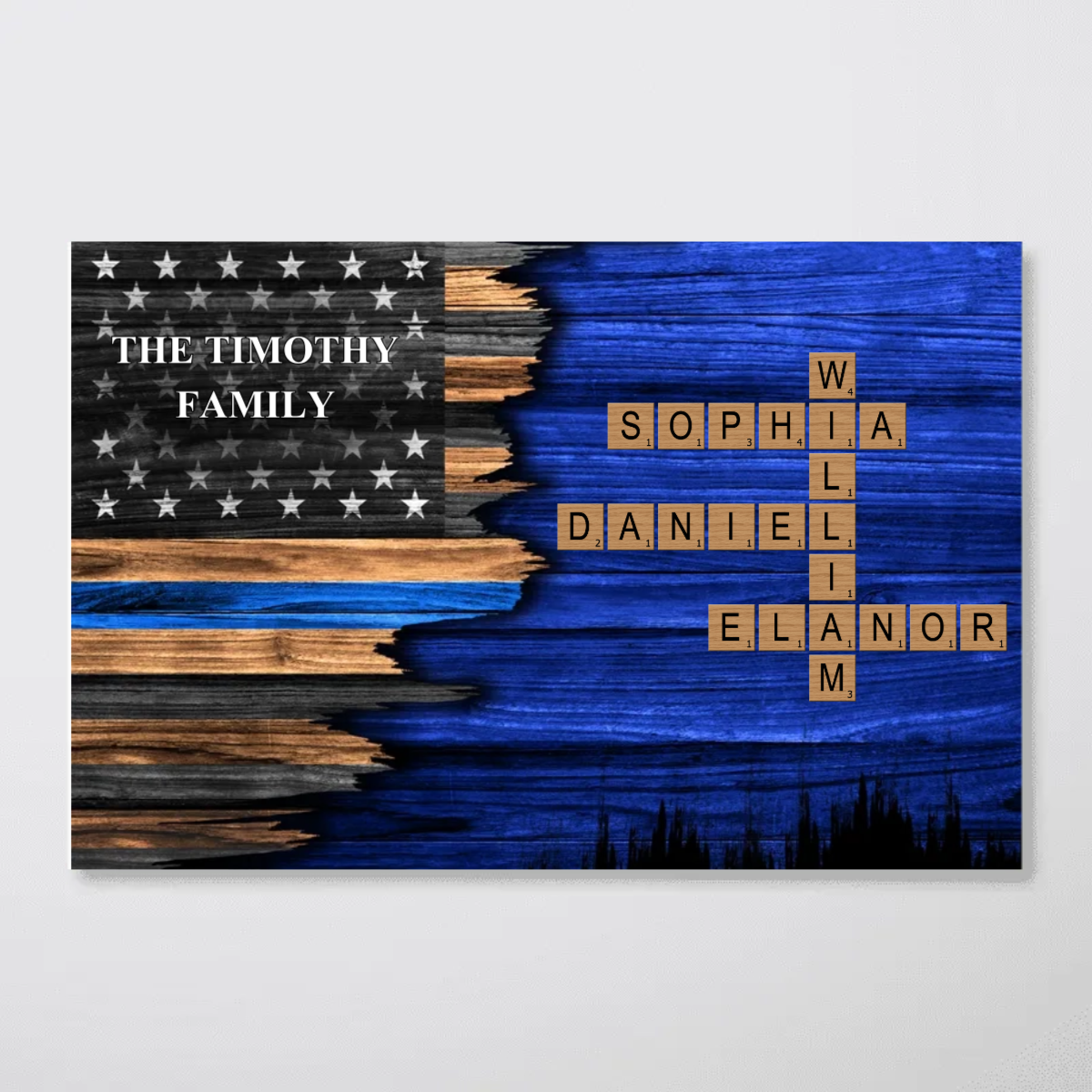 Half Flag Thin Blue Line Family Crossword Art Puzzle, Personalized Poster Office Decor, Appreciation Gift, Christmas Gift For Police Officers, Sheriff, Deputy Sheriff