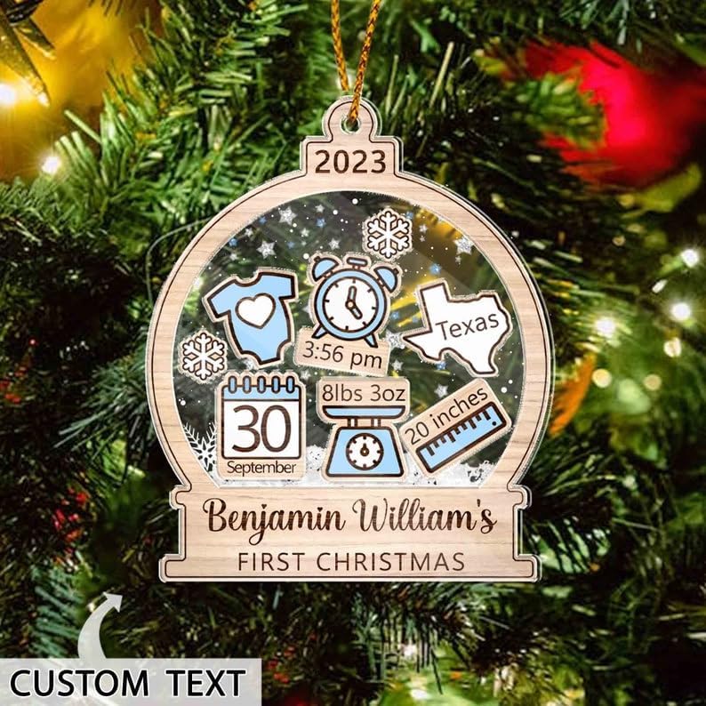 Personalized Baby First Christmas Ornament, 5-Layered Shaker Newborn Ornament, Baby Keepsake Birth Stats Shaker Ornament, Baby Shower Gift