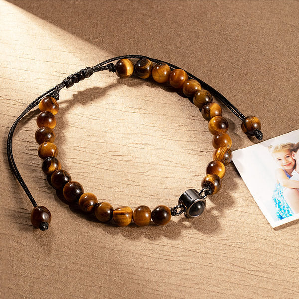 Personalised Men's Tiger's Eye Stone Photo Projection Beads Elastic Bracelet Gift for Boyfriend Husband Dad