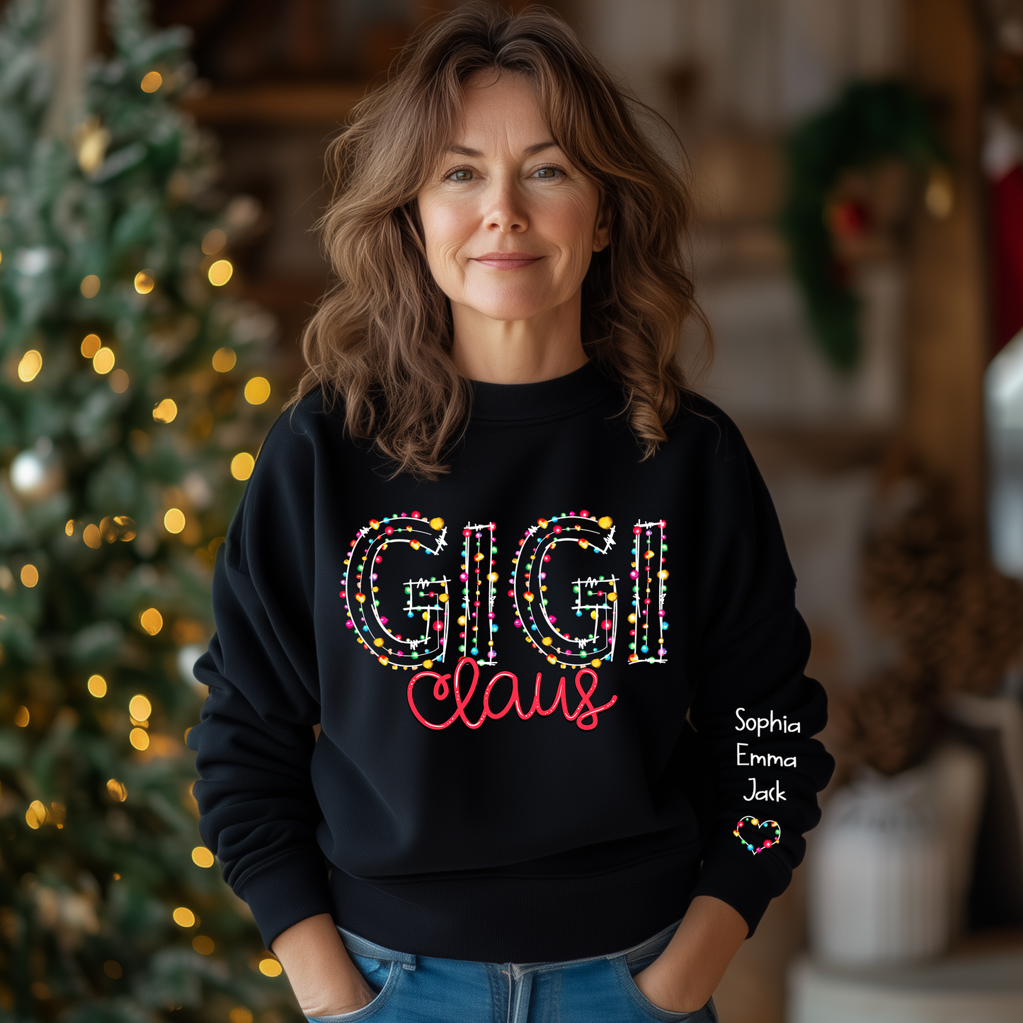 Gigi Claus Christmas lights And Grandkids Christmas Merry Sweatshirt