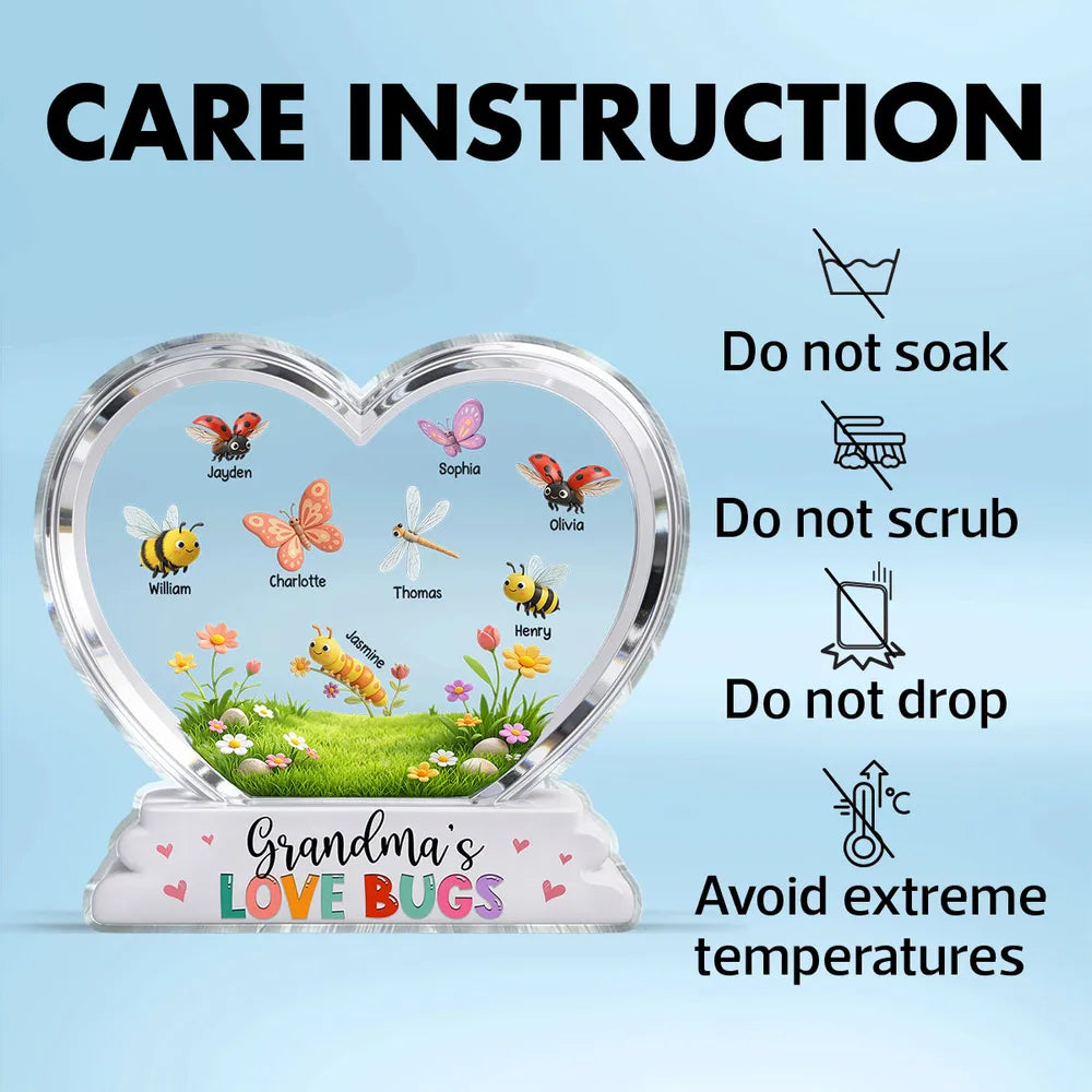 Grandma's Love Bugs Custom Grandkids Name - Personalized Acrylic Block Plaque - Mother's Day Gift For Grandma, Mom