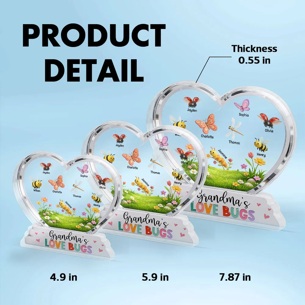 Grandma's Love Bugs Custom Grandkids Name - Personalized Acrylic Block Plaque - Mother's Day Gift For Grandma, Mom