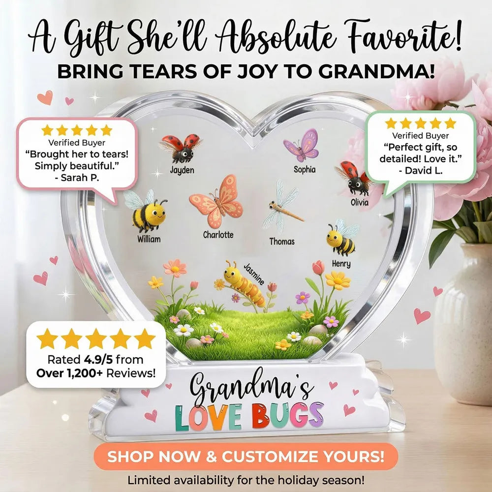 Grandma's Love Bugs Custom Grandkids Name - Personalized Acrylic Block Plaque - Mother's Day Gift For Grandma, Mom
