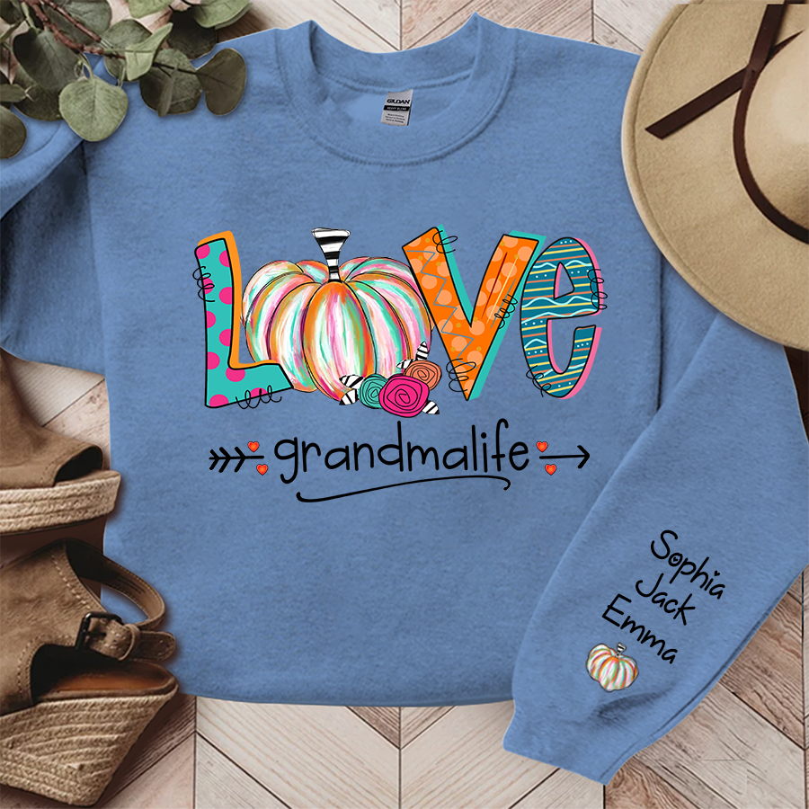 Love Grandma Life Pumpkins Grandkids Name Sweatshirt