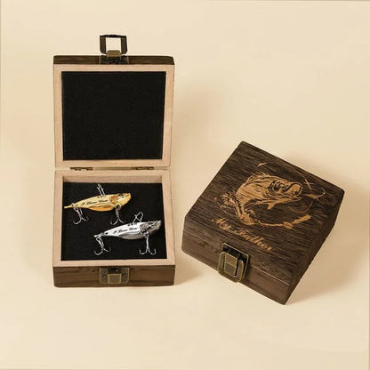 Personalized 2 Pcs Metal Bionic Fishing Lures Wooden Box Set with Engraved Text Birthday Fisherman Gift for Dad Husband