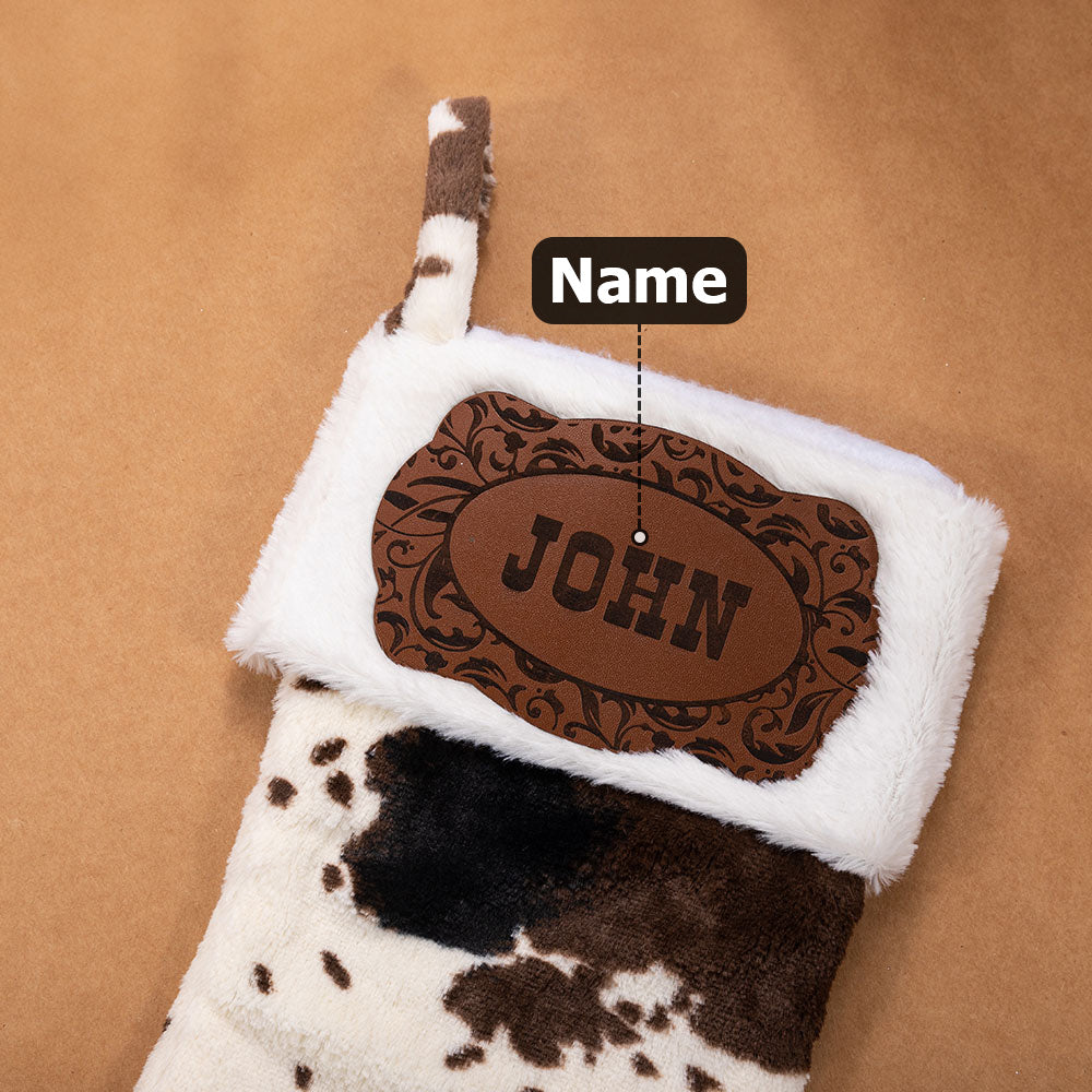 Personalised Western Cowboy Cow Print Fleece Christmas Stocking with Name Leather Patch Fireplace Tree Hanging Festival Decor Gift for Family Kids