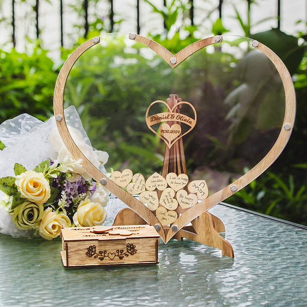 Personalized Wedding Handmade Wooden Guest Book with Hearts and Engraved Box Alternative Wedding Decor