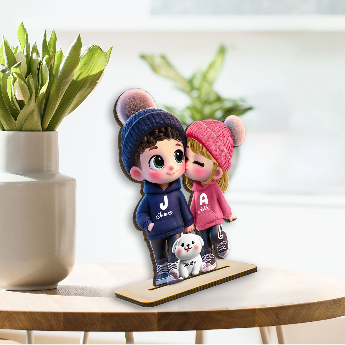 3D Cute Cartoon Couple You Me And The Dog Cat Personalized Standing Wooden Plaque, Valentine's Day Gift for Him, Gift for Her