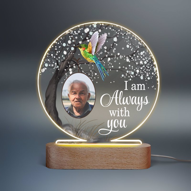 Hummingbird Always With You Blossom Tree Family Photo Memorial Personalized Circle Acrylic Plaque LED Lamp Night Light
