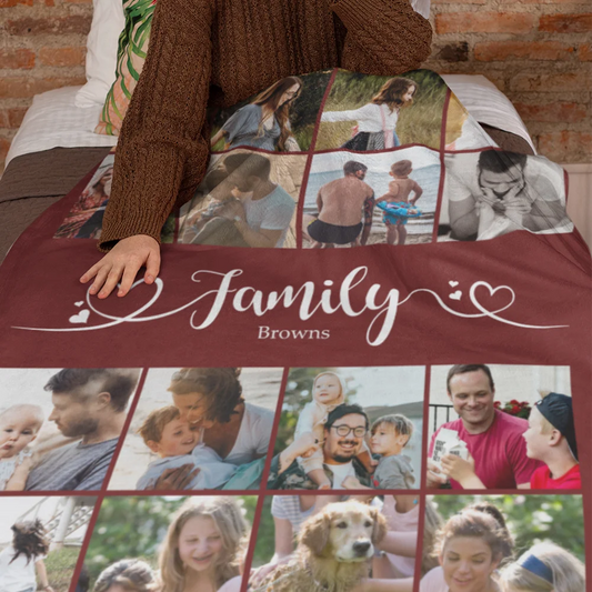 Personalised Multicolor 16 Photos Collage Soft Family Throw Blanket with Name Birthday Christmas Home Decoration Gift for Family