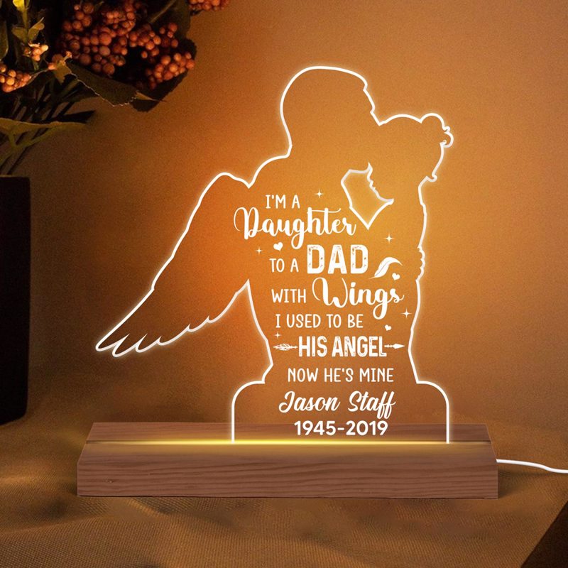 Daughter To A Dad Mom With Wings Now My Angel Memorial Personalized Acrylic Custom Shape LED Lamp Night Light