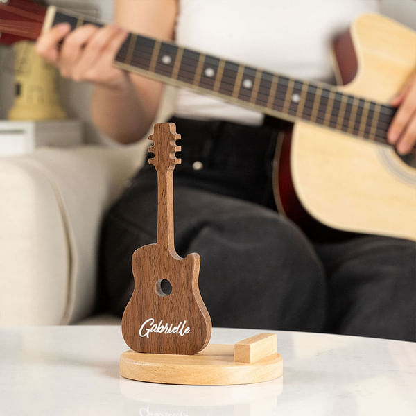 Personalised Retro Guitar Shaped Wooden Phone Table Stand with Engraved Name Desk Decor Birthday Gift for Guitar Lovers