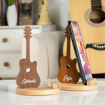 Personalised Retro Guitar Shaped Wooden Phone Table Stand with Engraved Name Desk Decor Birthday Gift for Guitar Lovers