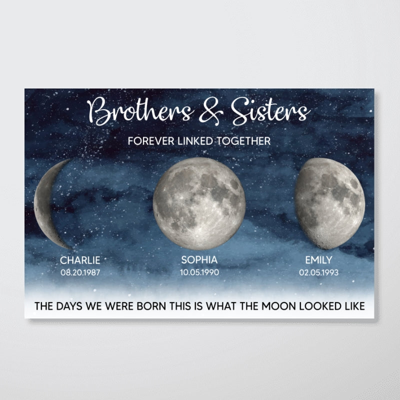 Starry Night Brothers & Sisters Forever Linked Together Custom Birthday Moon Phase Personalized Poster