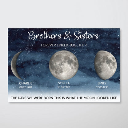 Starry Night Brothers & Sisters Forever Linked Together Custom Birthday Moon Phase Personalized Poster