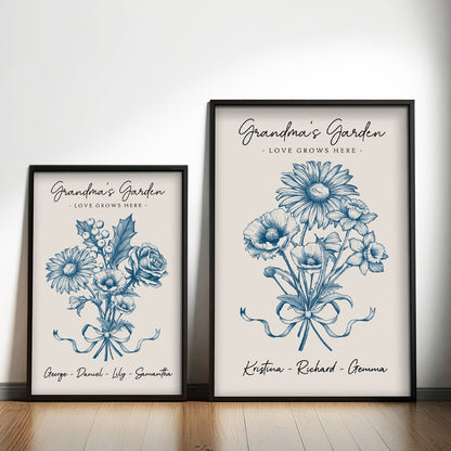 Vintage Floral Grandma Garden Birth Month Flowers Bouquet With Grandkids Names Personalized Poster