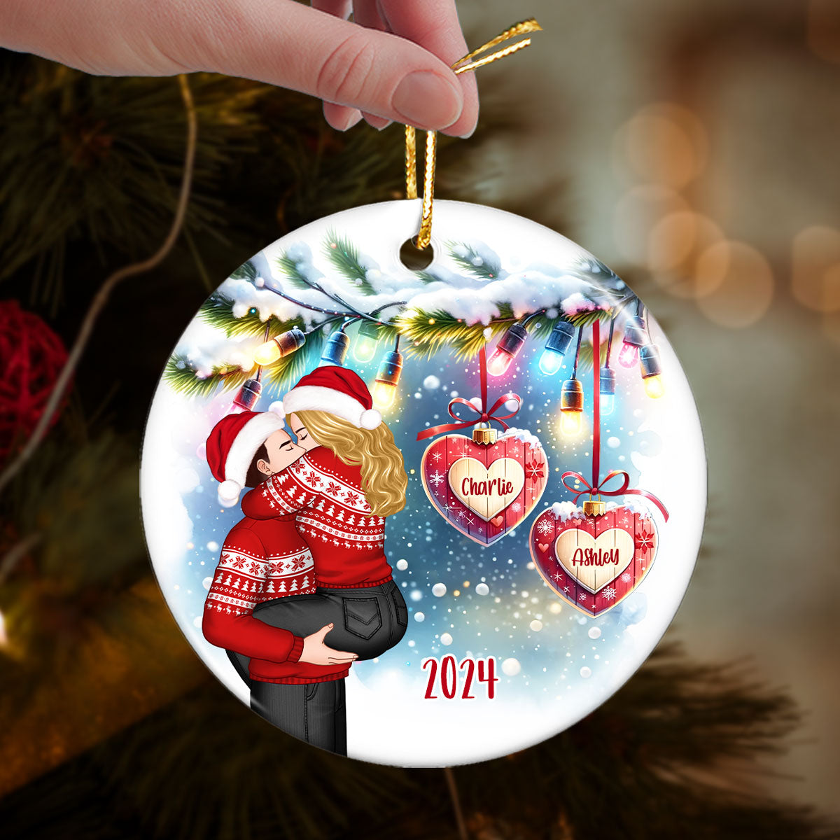 Christmas Hearts Couple Kissing Personalized Circle Ceramic Ornament