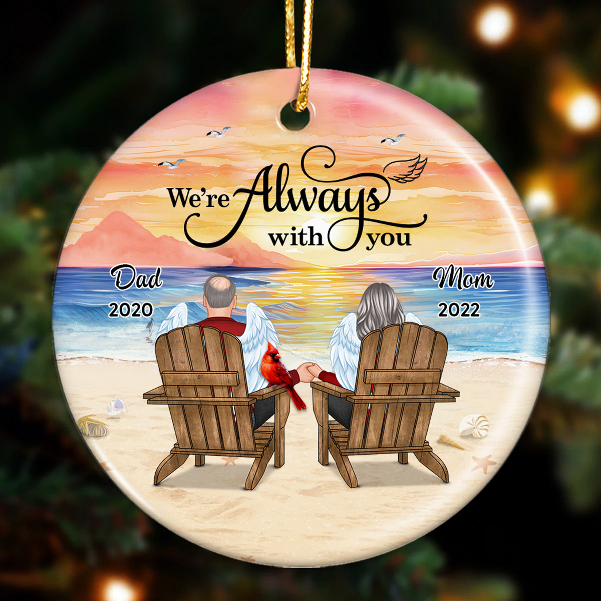 Dad Mom Sitting On Chair At Beach Memorial Keepsake Personalized Circle Ornament
