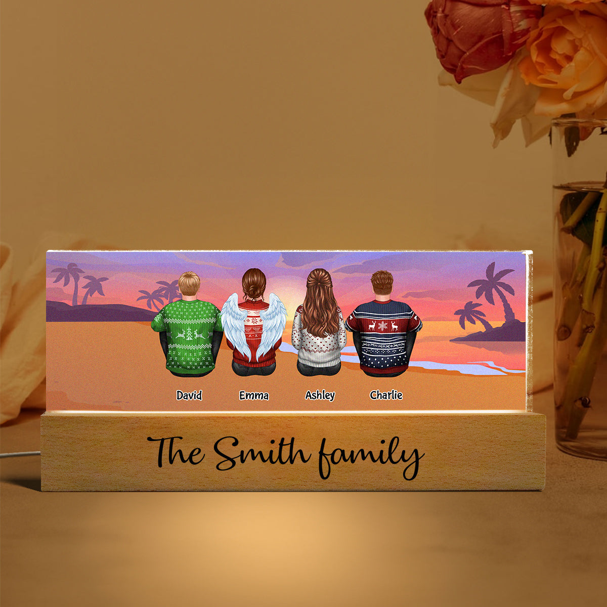 Family Sitting Back View Beach Retro Vintage Background Personaized Acrylic LED Night Light