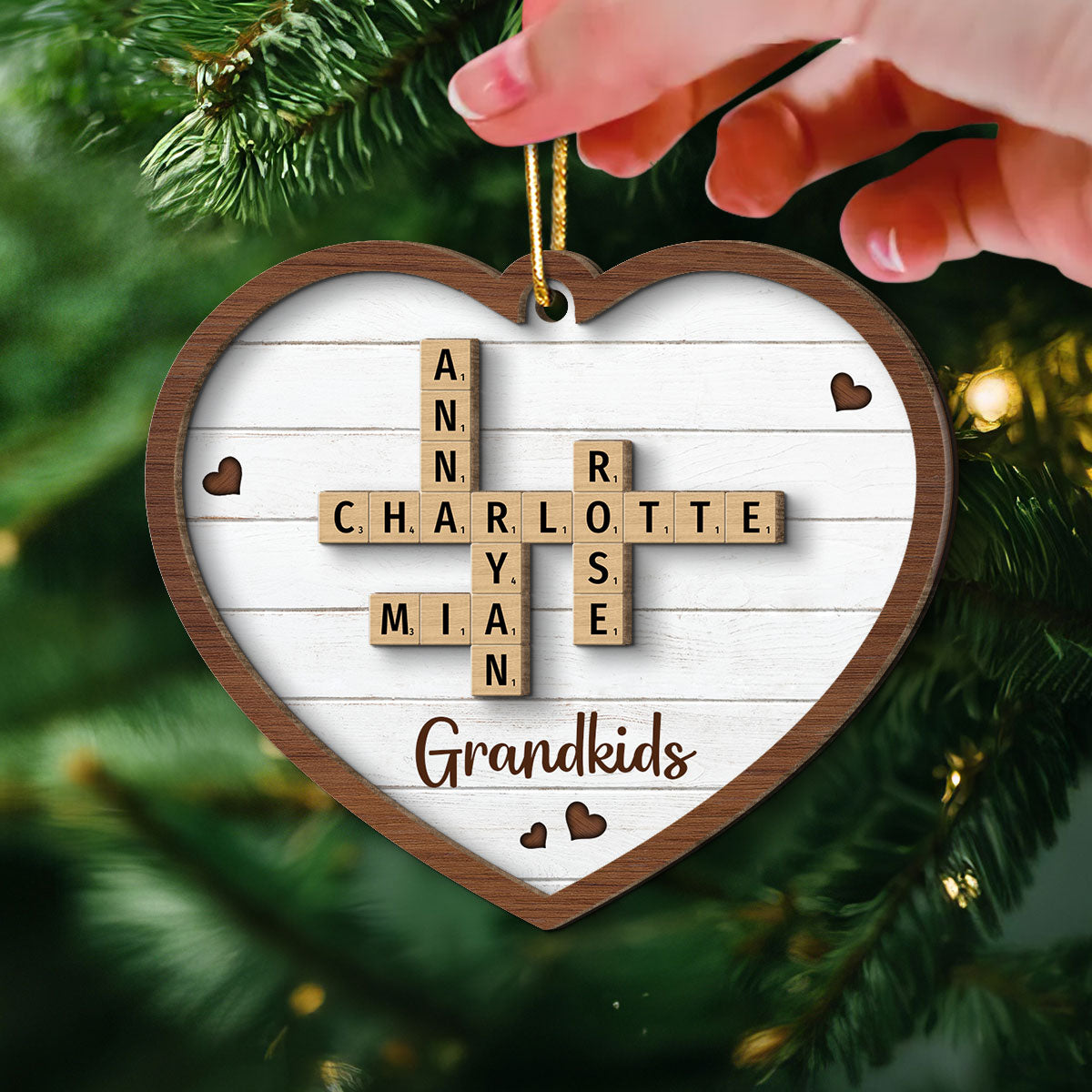 Grandkids Crossword Puzzle Art Personalized Heart Shaped 2-Layer Wooden Ornament, Christmas Gift For Grandma, Gift For Mom