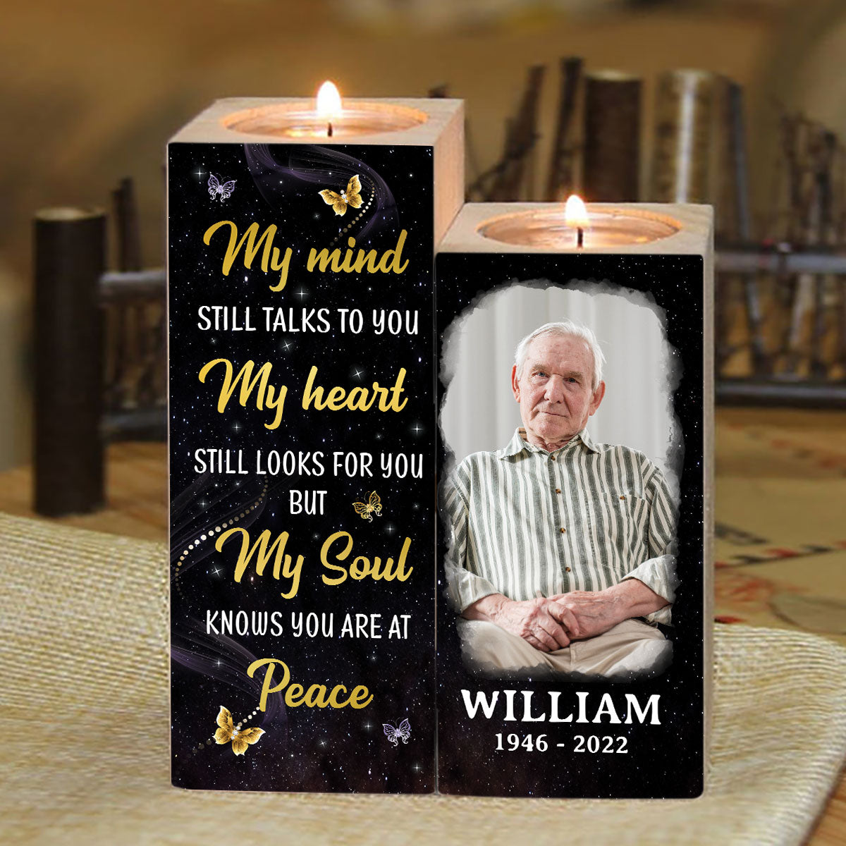 My Mind Still Talks To You Photo Inserted Glow Butterflies Memorial Sympathy Remembrance Keepsake Personalized Candle Holder