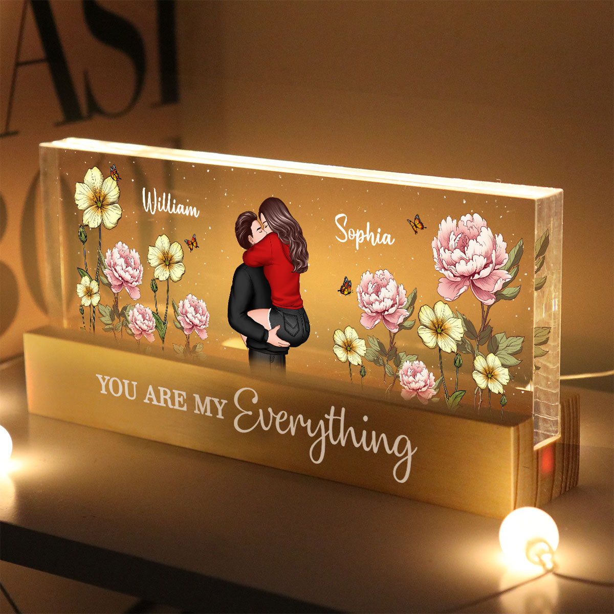 Couple Embracing Kissing Birth Month Flower Personalized Acrylic Block LED Night Light, Heartfelt 2025  Gift For Couple, For Him, For Her, Boyfriend, Girlfriend, Husband, Wife