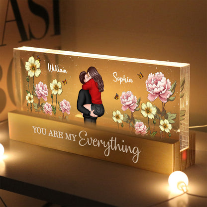 Couple Embracing Kissing Birth Month Flower Personalized Acrylic Block LED Night Light, Heartfelt 2025  Gift For Couple, For Him, For Her, Boyfriend, Girlfriend, Husband, Wife