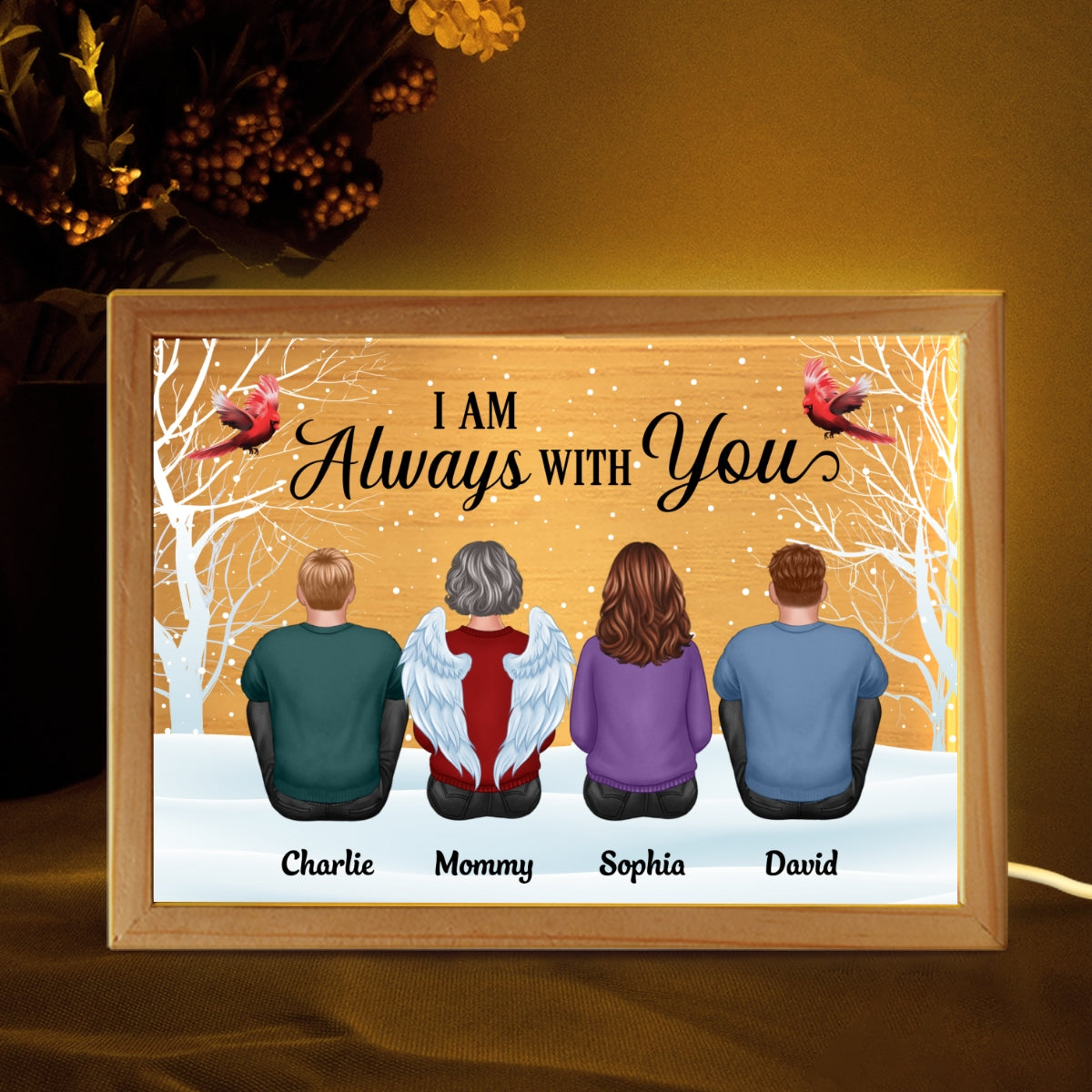 Always With You Family Dad Mom Kids Dogs Cats Snow Memorial Remembrance Sympathy Gift Personalized Wooden Frame Light Box