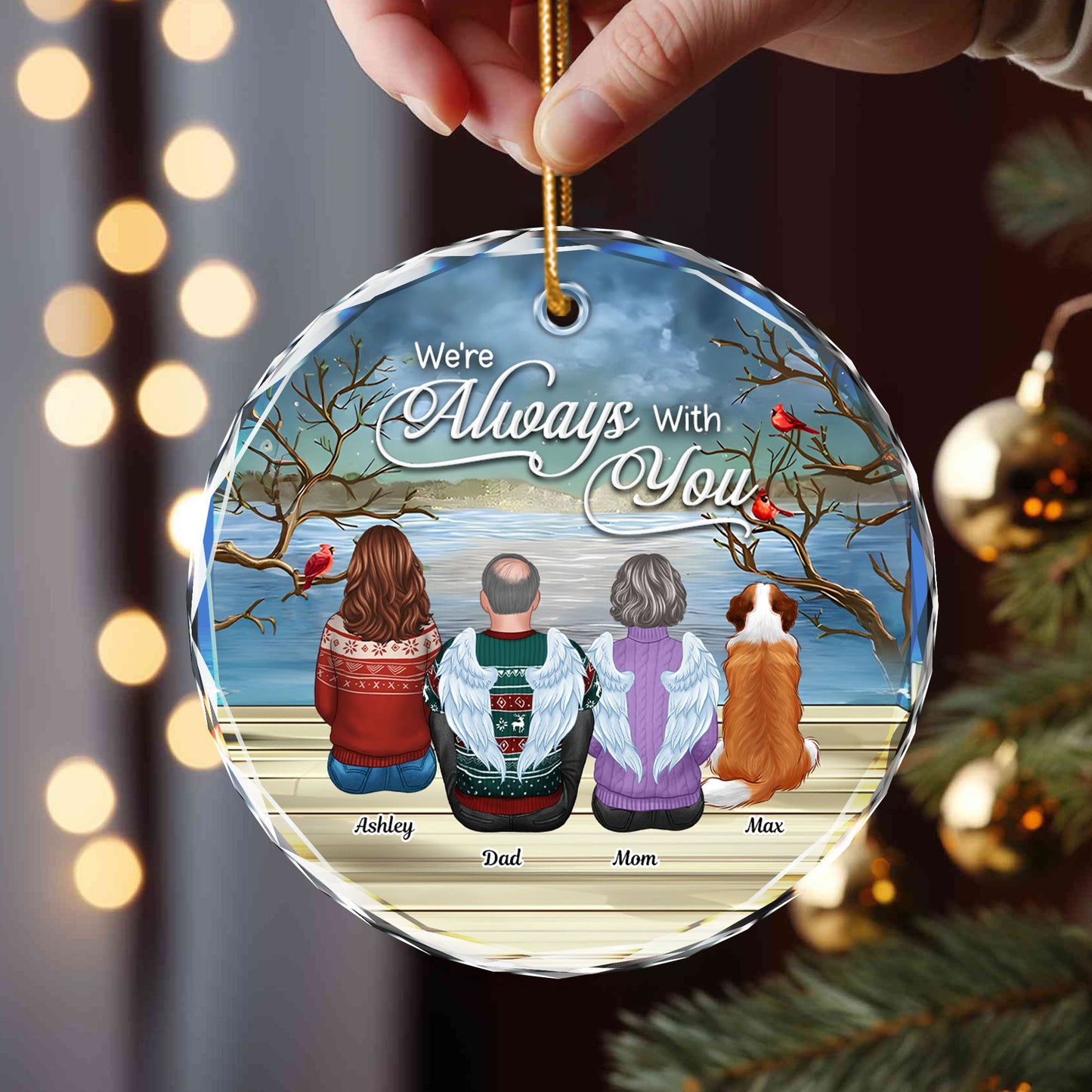 Always With You Christmas Family Sitting Back View Memorial Personalized Glass Ornament, Remembrance Gift, Sympathy Gift