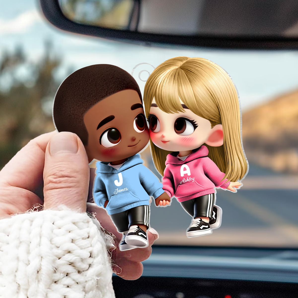 Cute Cartoon Couple Holding Hands Personalized Acrylic Car Hanger, Anniversary &  Gift for him, Gift for her