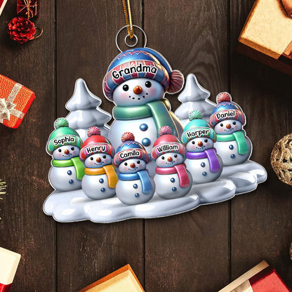 3D Effect Winter Grandma & Grandkids Snowmen Christmas Personalized Acrylic Ornament