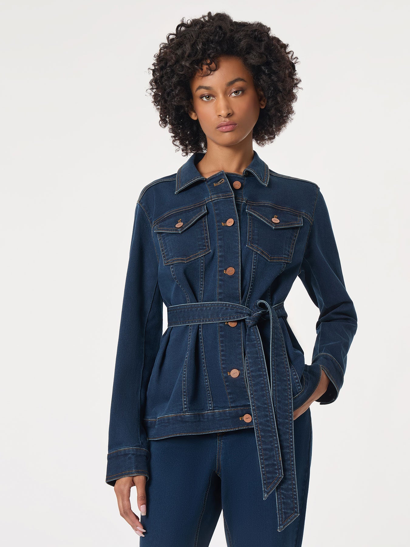 Denim Belted Button-Front Jacket in the Color West Point Wash | Jones New York