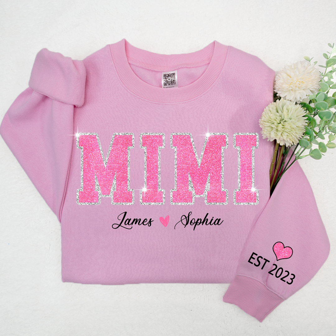 Personalized Mimi Pink Glitter, Custom Grandma Est With Kids TH Sweatshirt