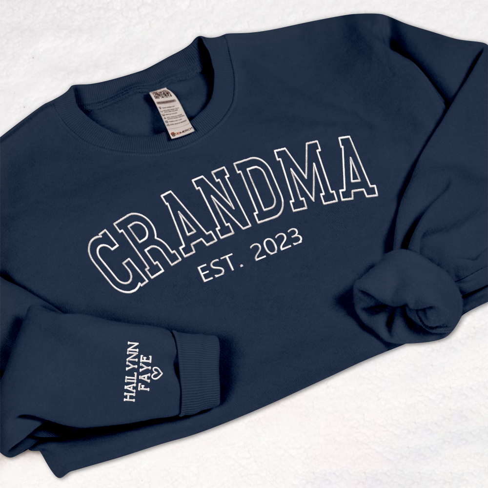 Personalized Grandma Embroidered Sweatshirt, Custom Grandma Est And Kids Name On Sleeve Sweatshirt, Mother's Day Gift For Grandma Mimi Nana Gigi Gaga