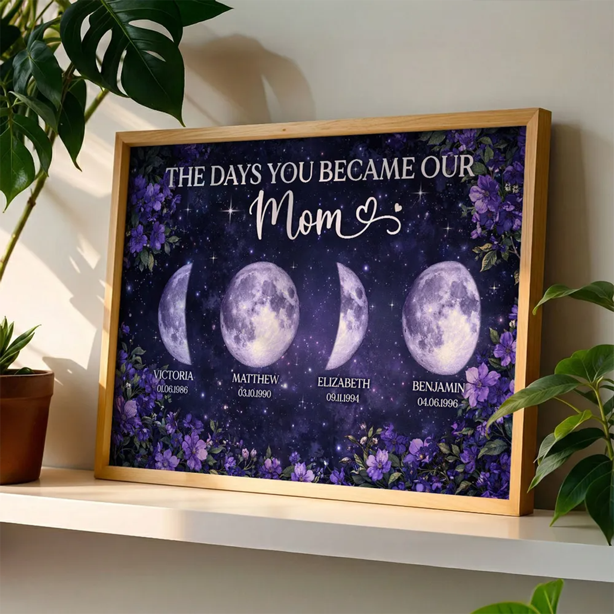 Purple Flowers The Day You Became Mom Grandma Custom Birth Moon Phase - Personalized Poster - Mother's Day Gift For Mom, Grandma