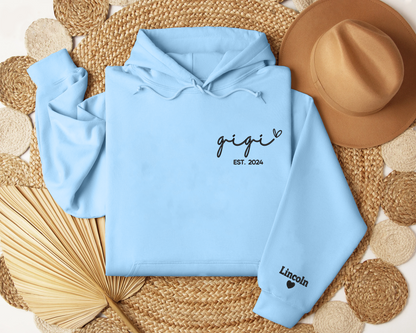 Embroidered Custom Gigi Hoodieshirt with Grandkids Names on Sleeve, Est Date Gigi 2024Hoodieshirt with Heart